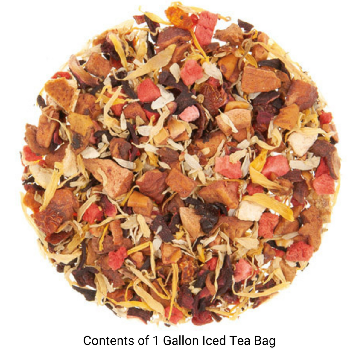 Angles Falls Mist Herbal Tea Leaves with dried fruit pieces in a circular pattern with 