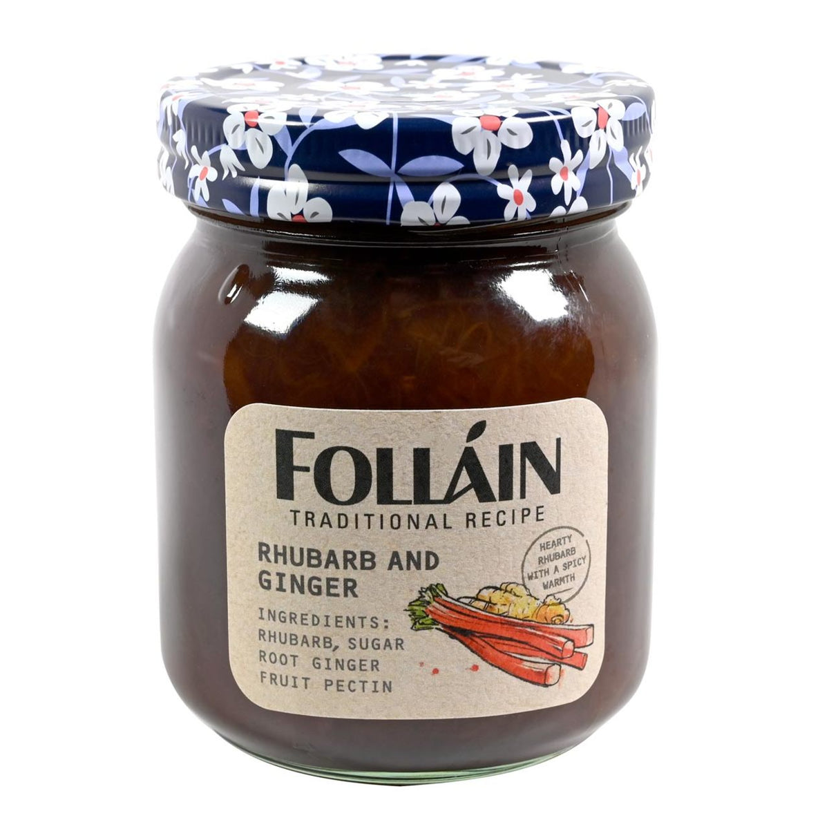 Jar of Folláin Rhubarb and Ginger jam with floral lid on a white background