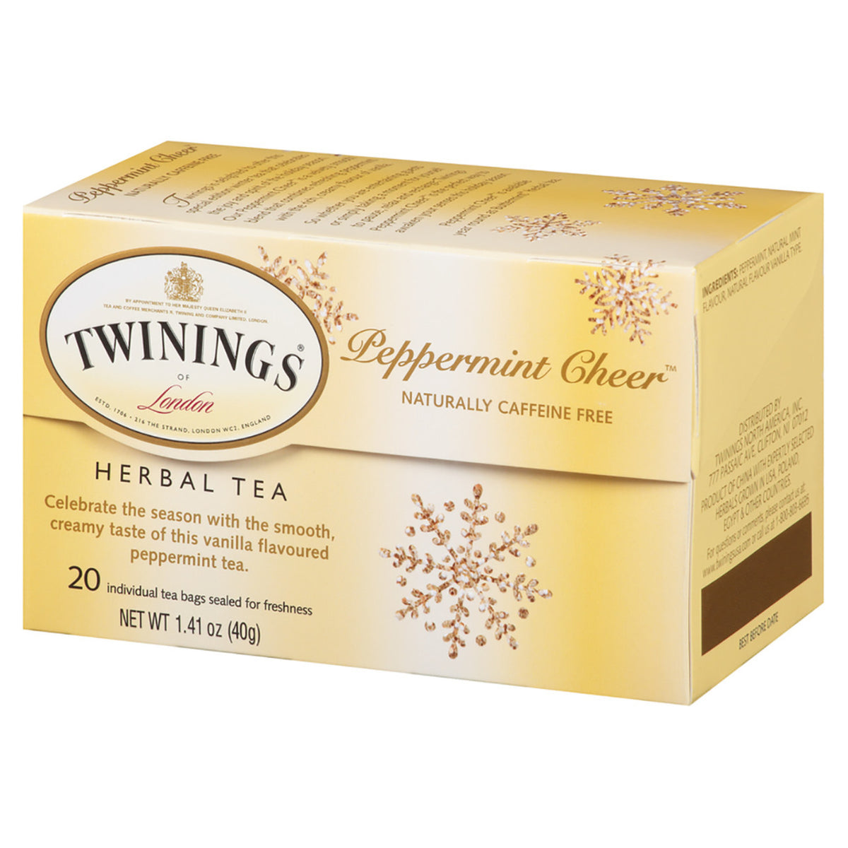 Box of Twinings Peppermint Cheer herbal tea on a white background