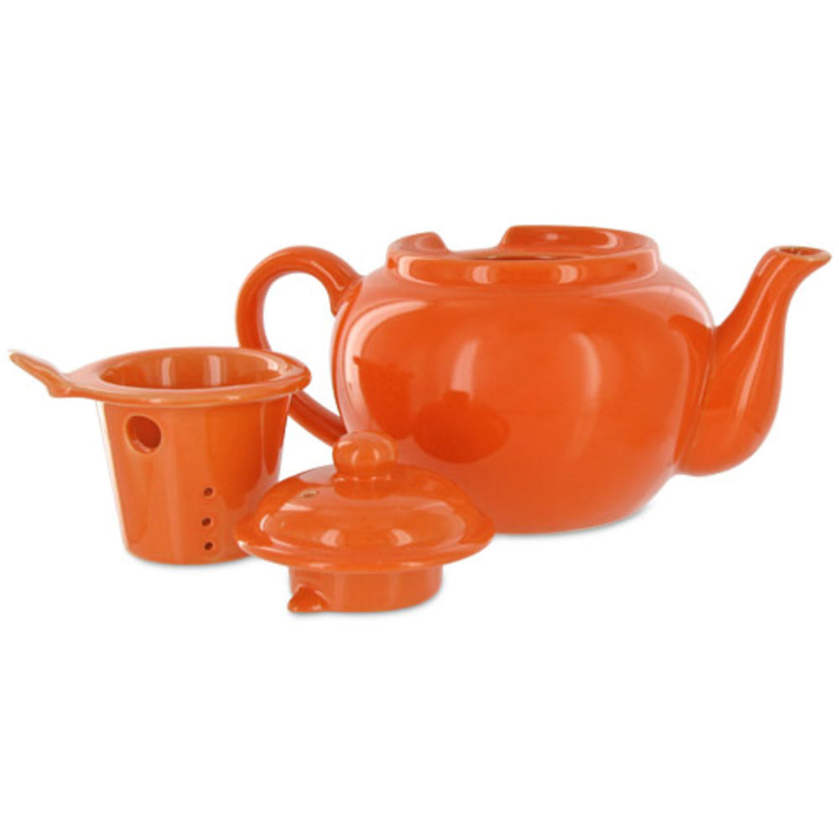 Orange teapot with infuser and lid on a white background