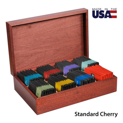 Cherry wood tea chest box with colorful individually wrapped teabags inside on a white background with text call outs for Made in the USA and Standard Cherry