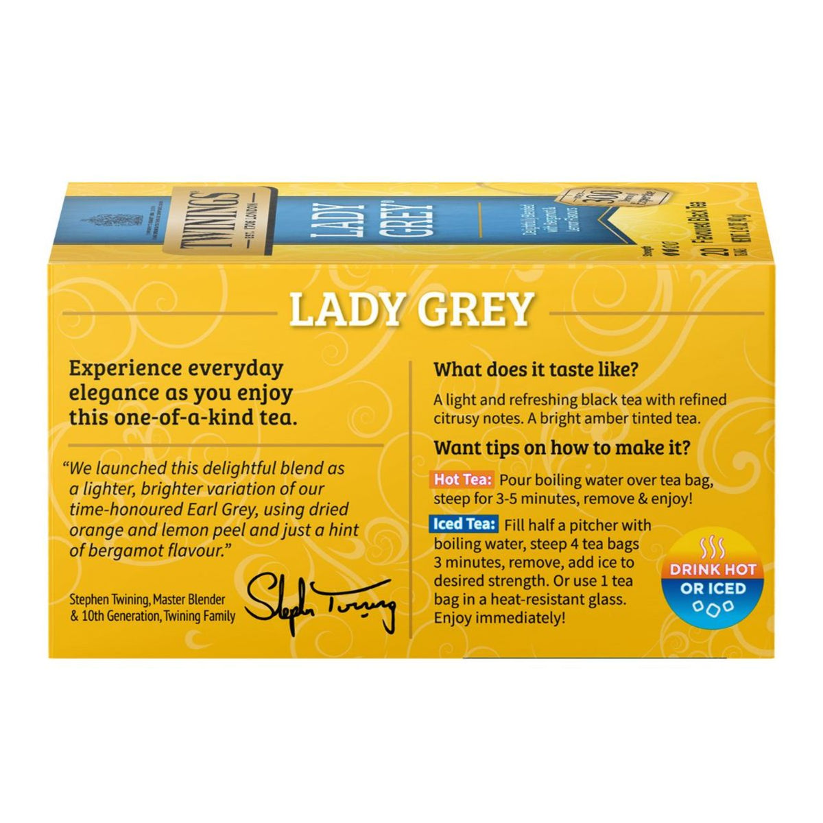 Yellow box of Twining's Lady Grey tea with yellow and blue design