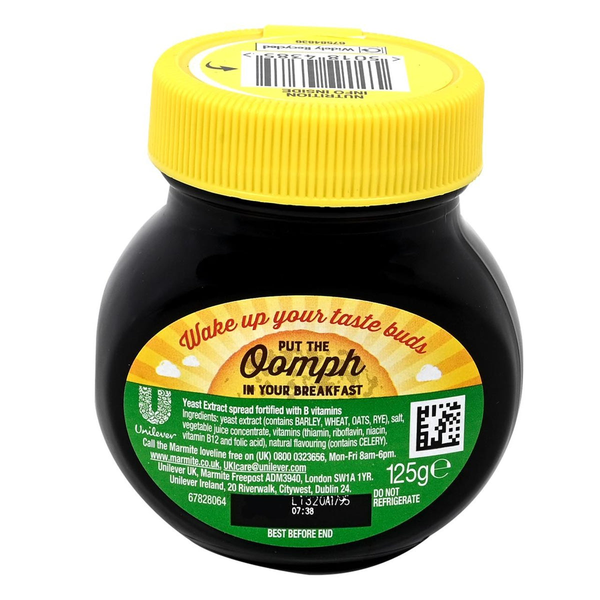 Jar of Marmite with yellow lid on a white background