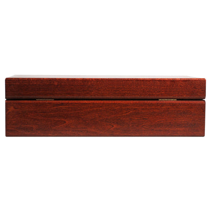 Back view of a closed cherry wood tea chest box.