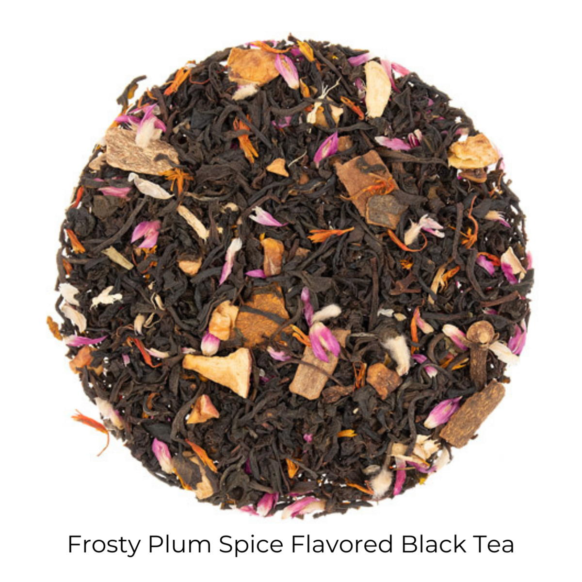 Frosty Plum Spice Flavored Black loose-leaf tea on a white background with product name caption