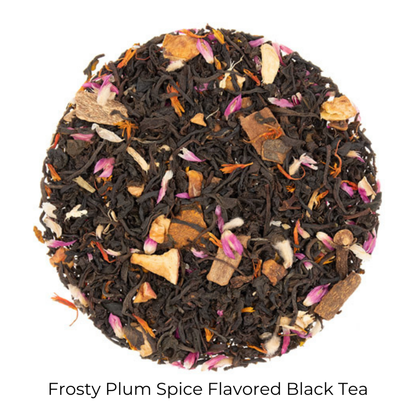 Frosty Plum Spice Flavored Black loose-leaf tea on a white background with product name caption