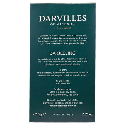 Darvilles of Windsor Darjeeling tea packaging with text on a white background