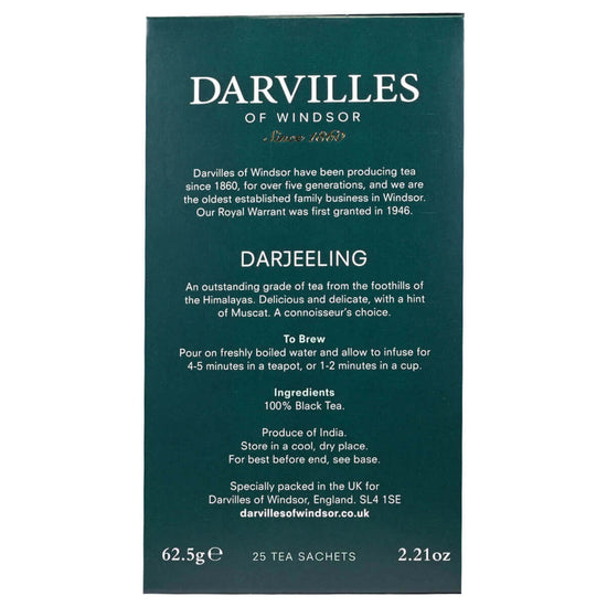 Darvilles of Windsor Darjeeling tea packaging with text on a white background
