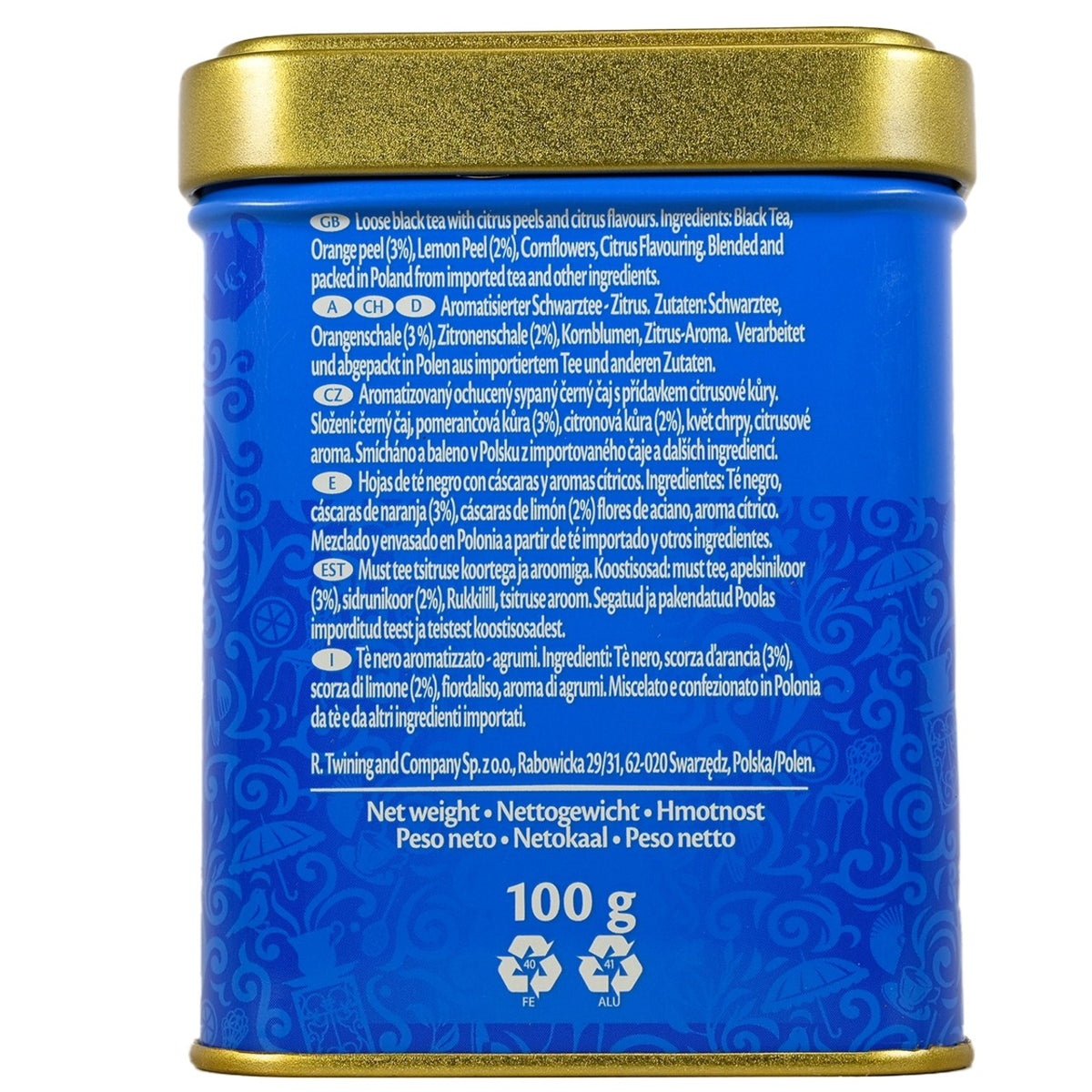 Blue tea canister with gold lid and text on a white background