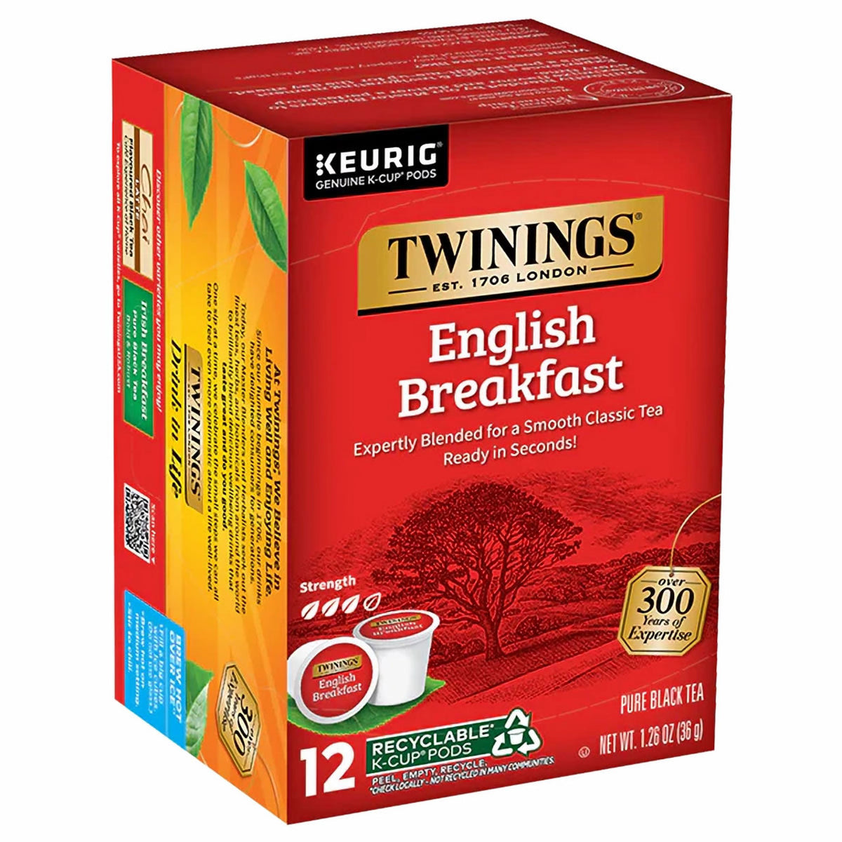 Box of Twinings English Breakfast tea K-Cup pods 12 count with red and orange design.