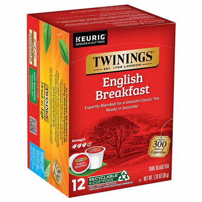 Box of Twinings English Breakfast tea K-Cup pods 12 count with red and orange design.