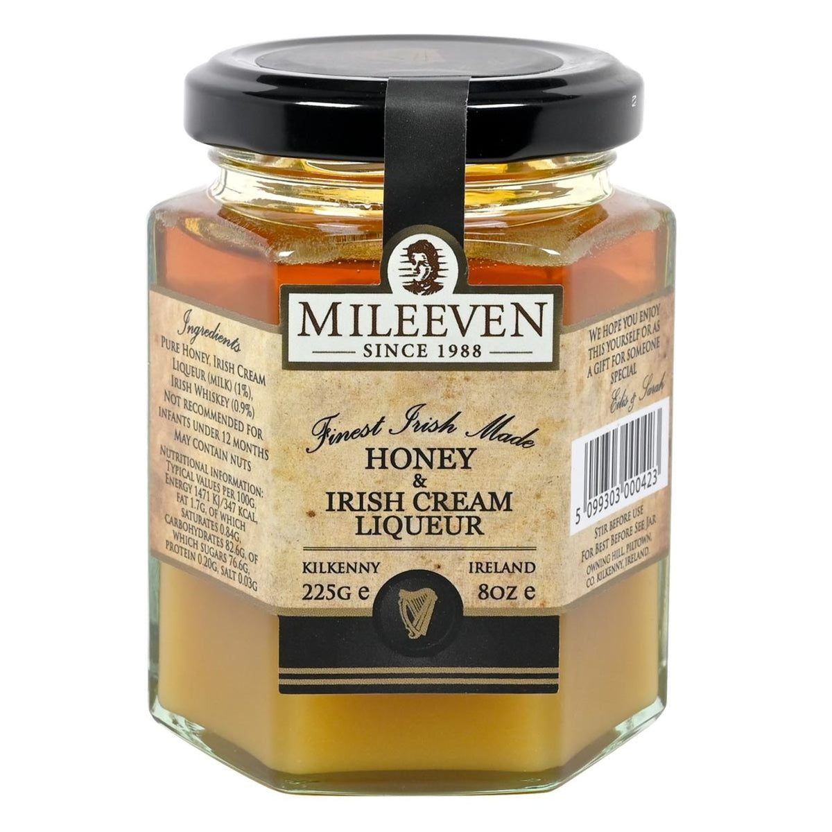 Jar of Mileeven Honey & Irish Cream Liqueur on a white background