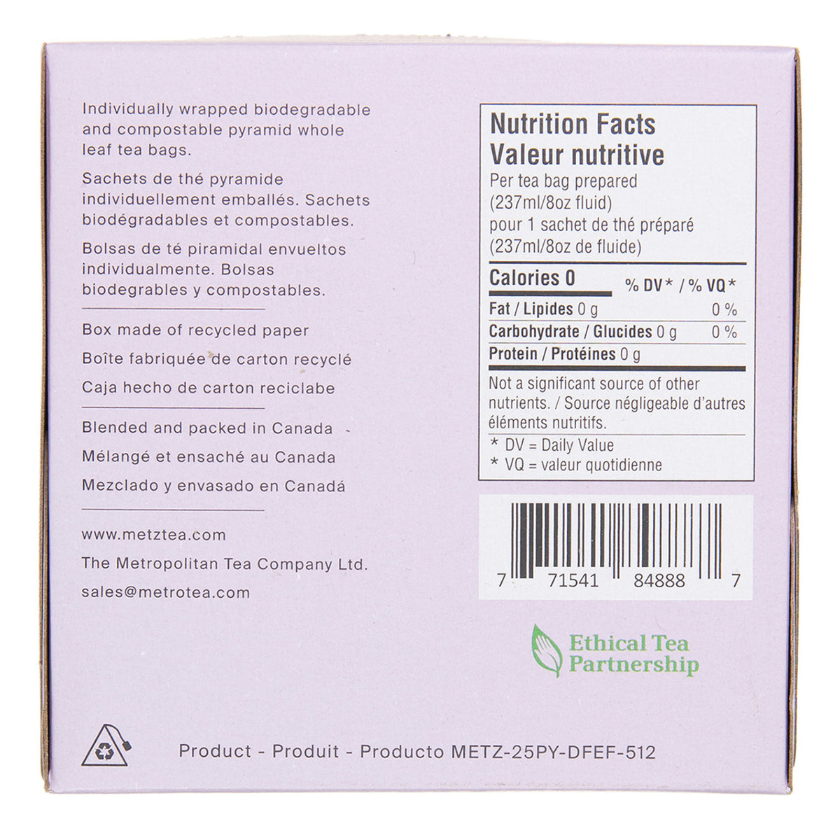Back of a tea package with nutritional information and branding details.