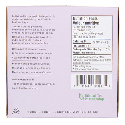 Back of a tea package with nutritional information and branding details.