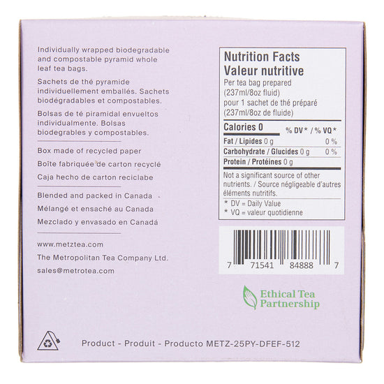 Back of a tea package with nutritional information and branding details.