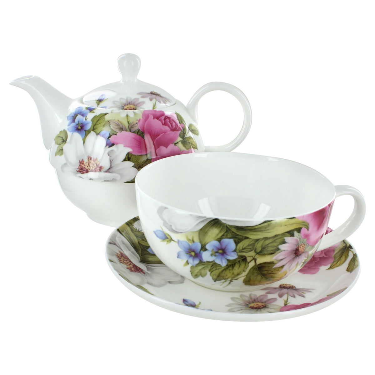 Tea set with floral design on a white background