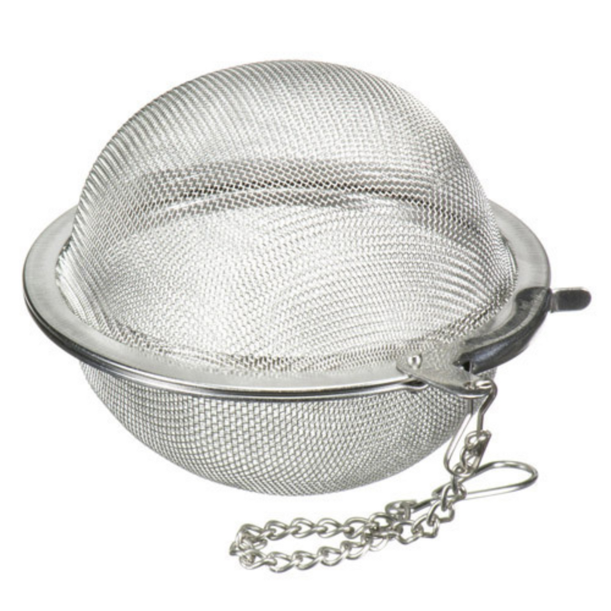 Metal mesh tea ball with chain on a white background