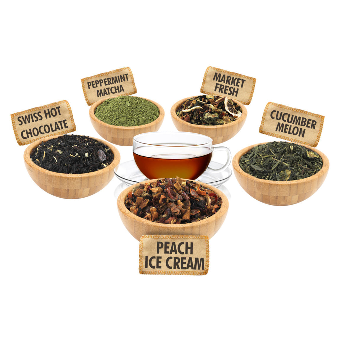 Assorted types of tea in wooden bowls with descriptive labels on a white background