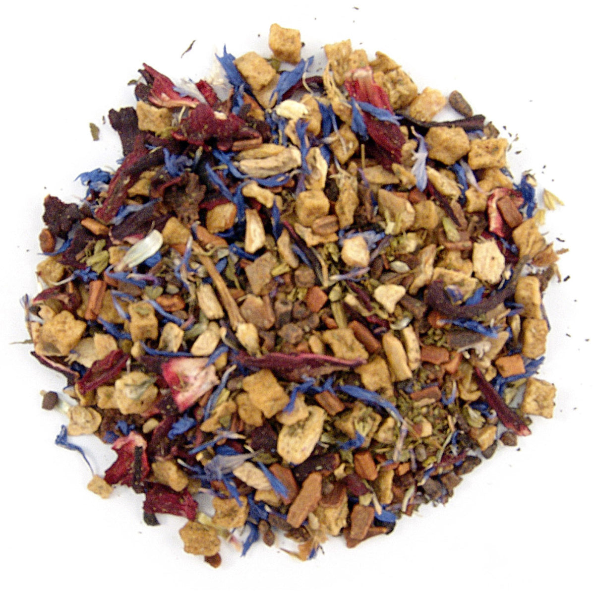 Assorted dry tea leaves and dried fruit pieces on a white background