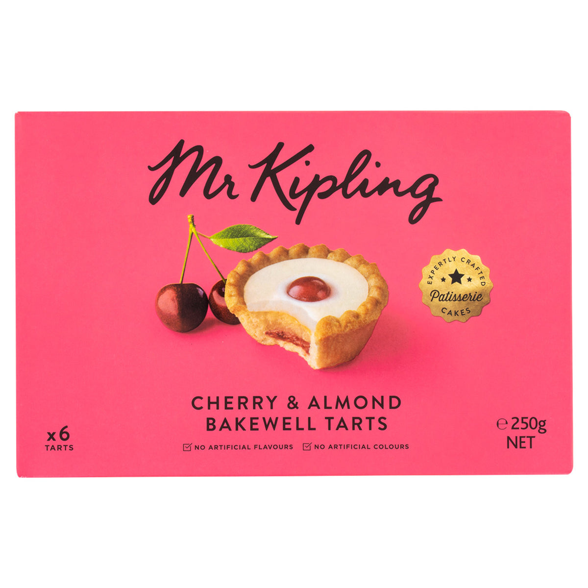 Box of Mr Kipling Cherry & Almond Bakewell Tarts on a pink background