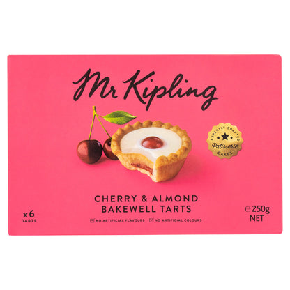 Box of Mr Kipling Cherry & Almond Bakewell Tarts on a pink background