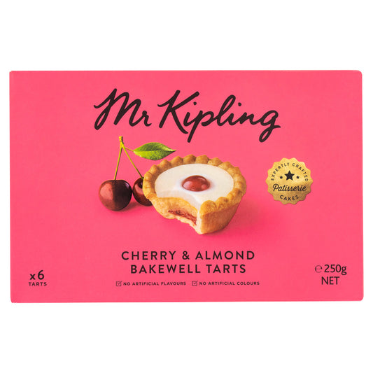 Box of Mr Kipling Cherry & Almond Bakewell Tarts on a pink background