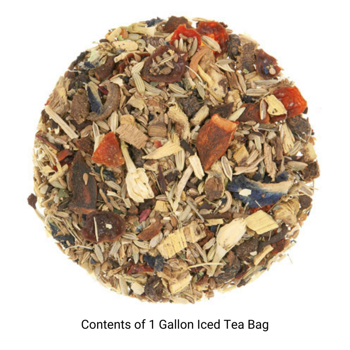 Dried tea leaves with dried fruit pieces in a circle on a white background with text for 1 Gallon Iced Tea Bag