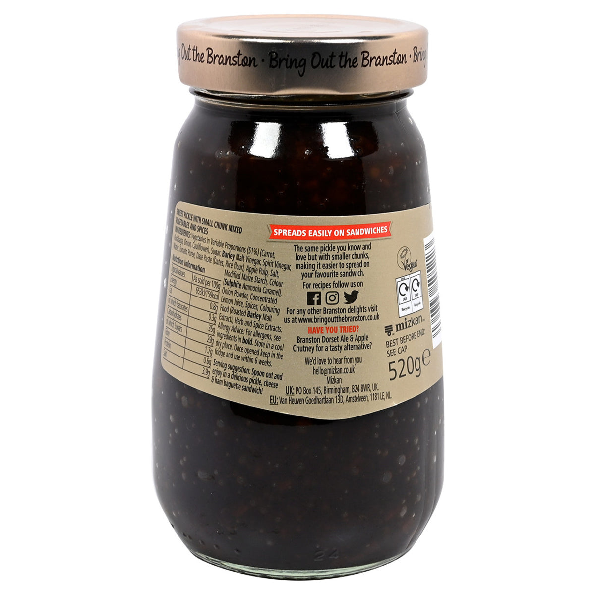 Jar of Branson Small Chunk Pickle with a visible nutrition label on a white background