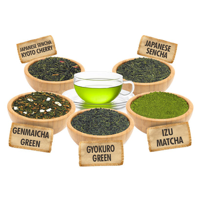 Assortment of green teas in wooden bowls with a cup of tea on a white background