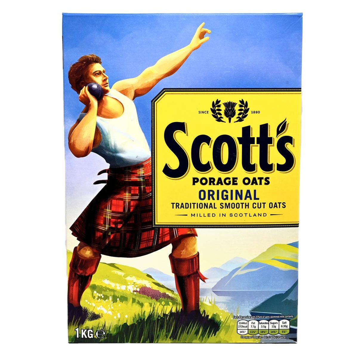 Scott's porage oats packaging with a person in traditional Scottish attire against a scenic background