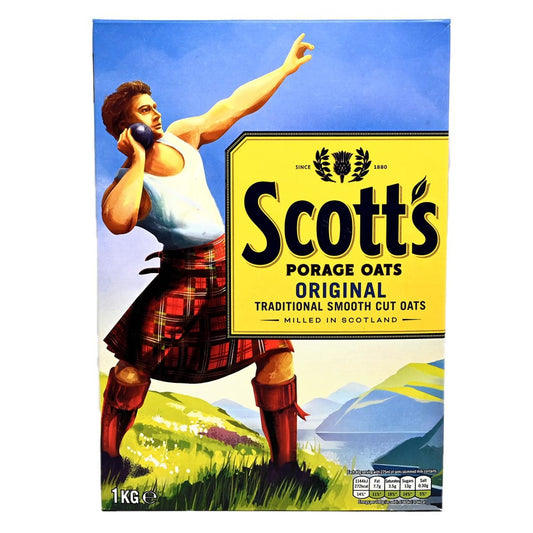 Scott's porage oats packaging with a person in traditional Scottish attire against a scenic background