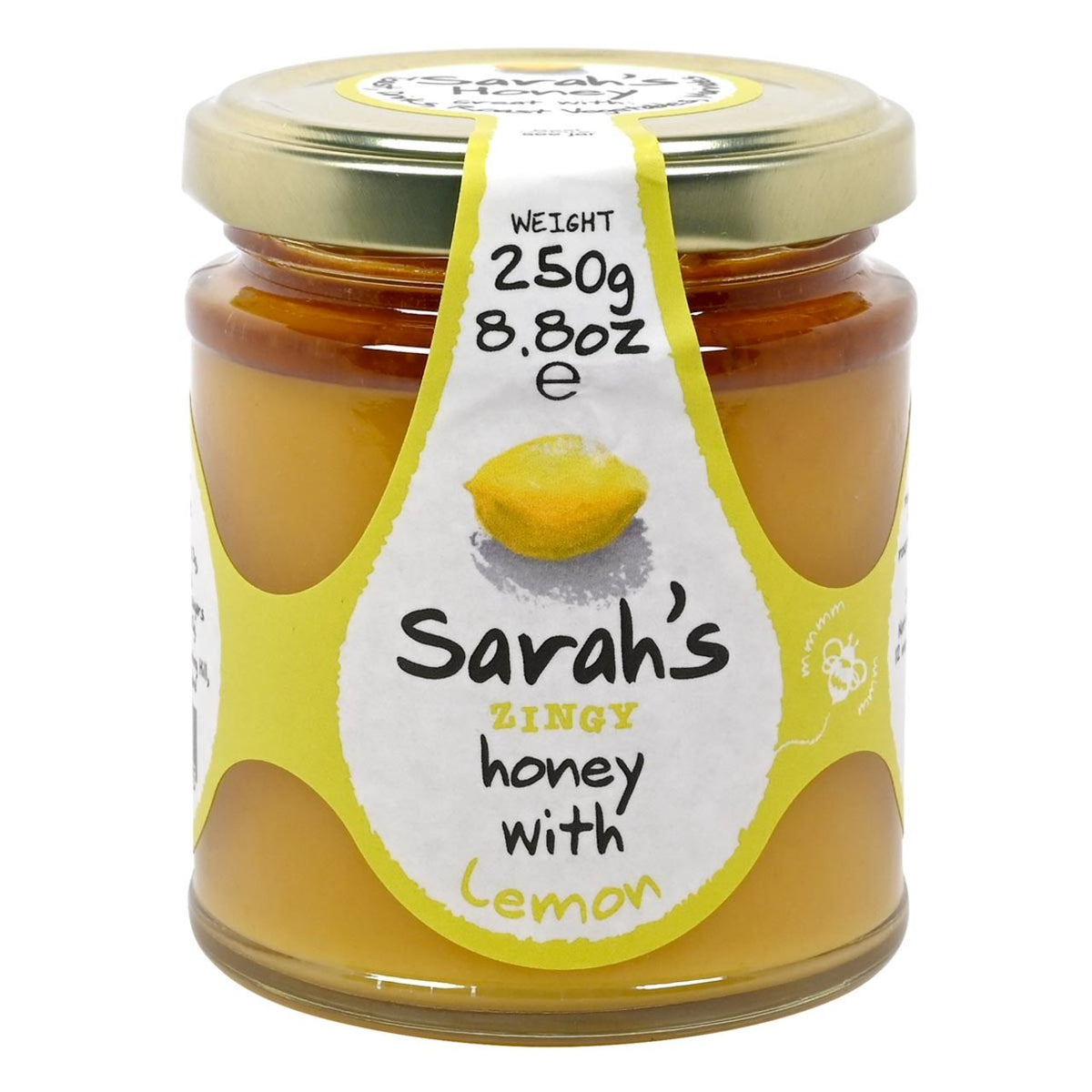 Jar of 'Sarah's Zingy Honey with Lemon' on a white background