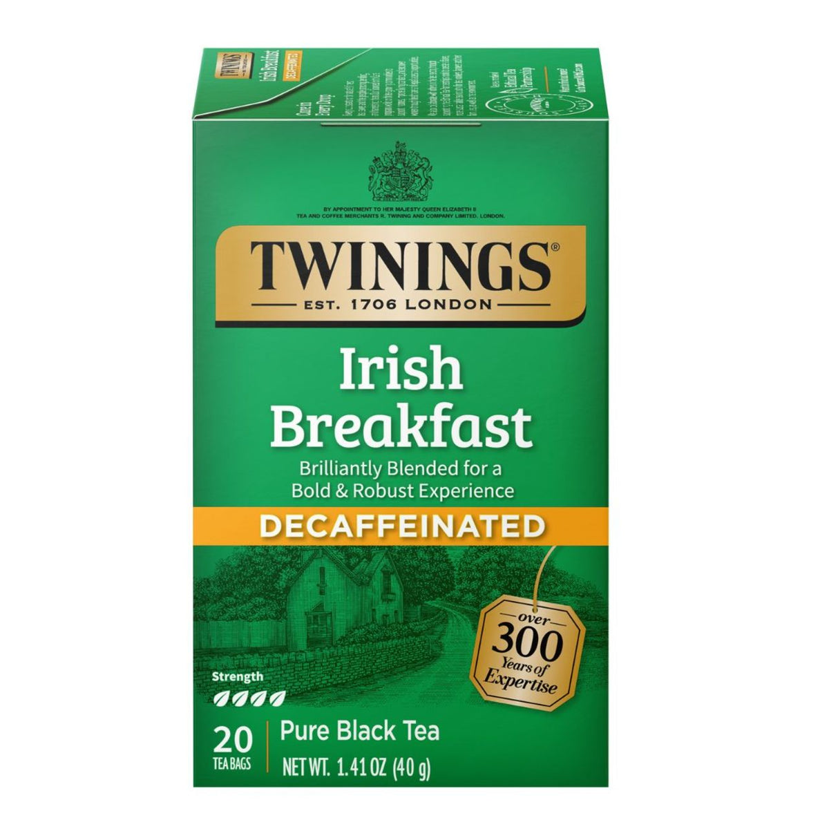 Twinings Irish Breakfast Decaffeinated tea box on a white background